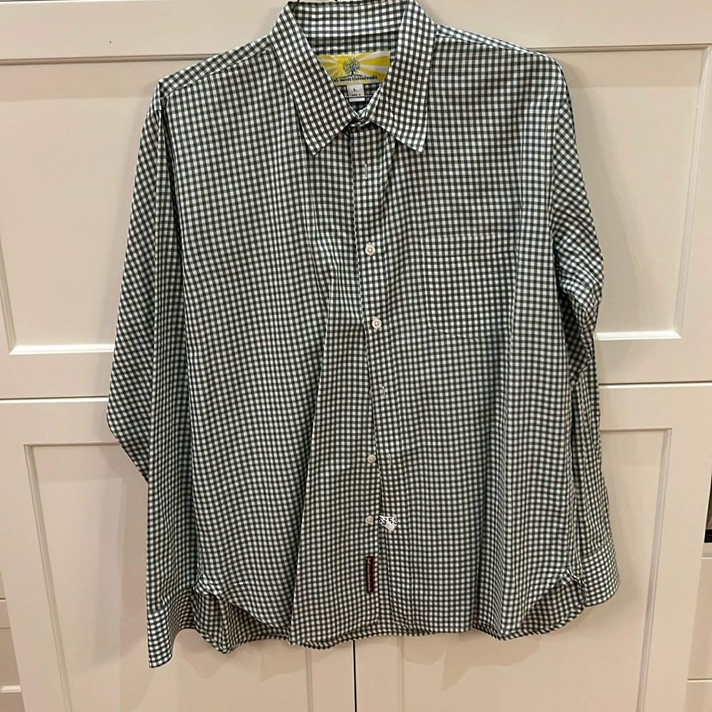 Half moon threadworks large men long sleeve shirt green gingham dry cleaned